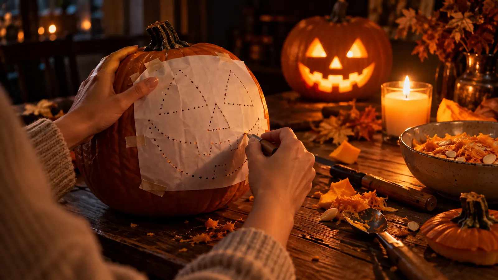 Hands transferring a paper pumpkin carving template onto a pumpkin