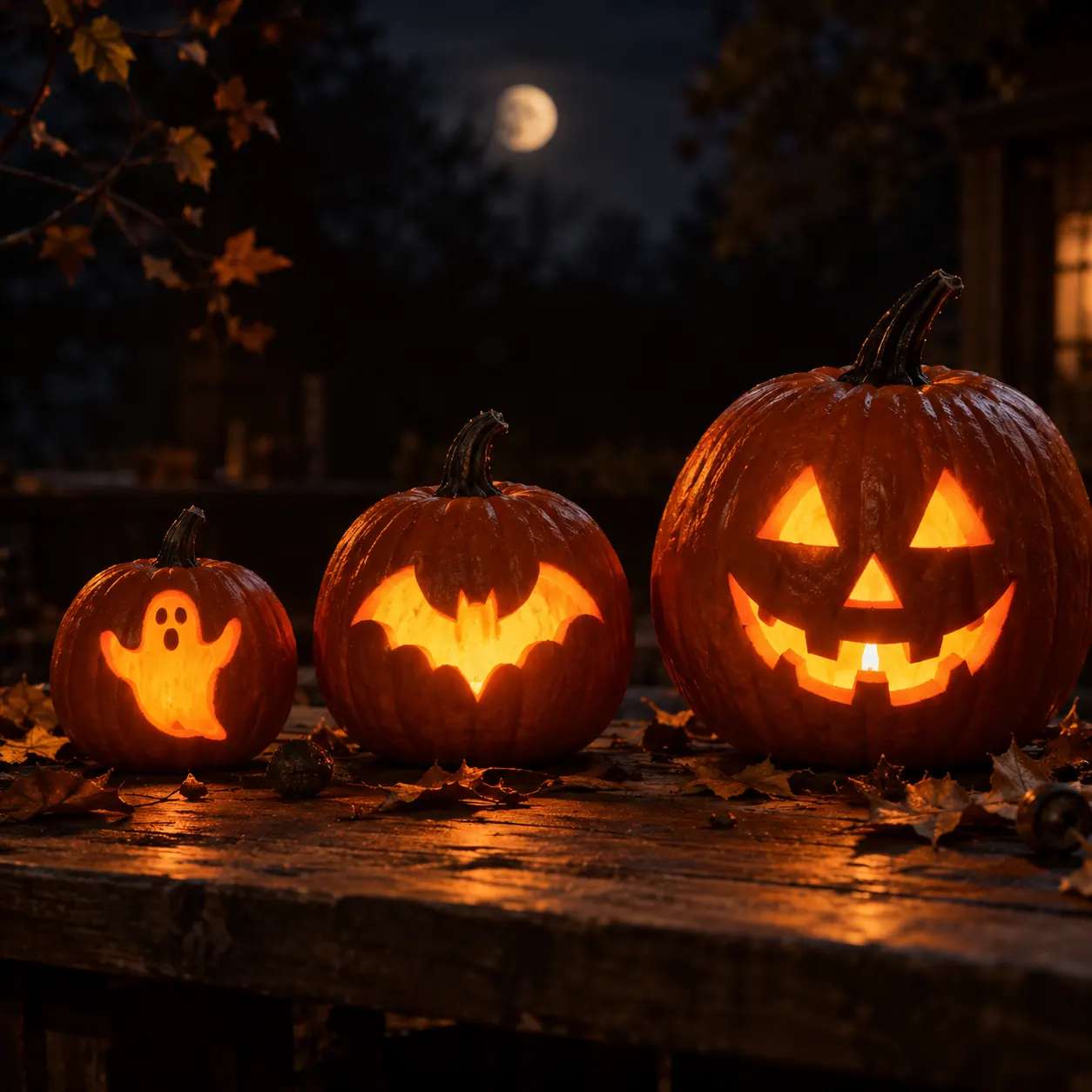Three carved pumpkins glowing on a table at night