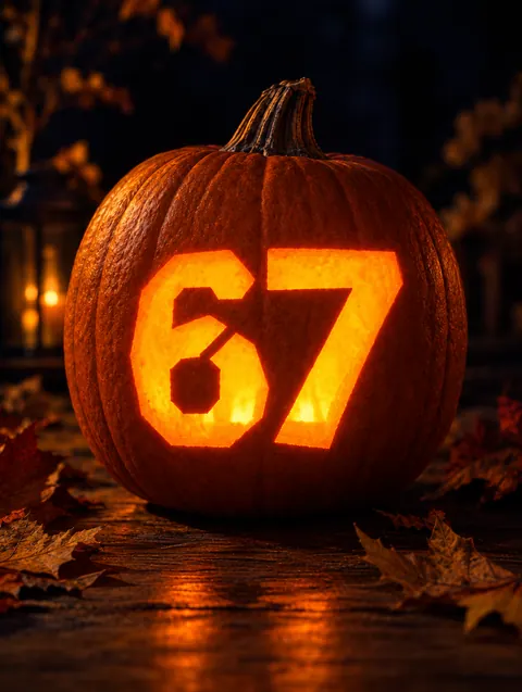 67 design carved into a pumpkin and lit with a candle