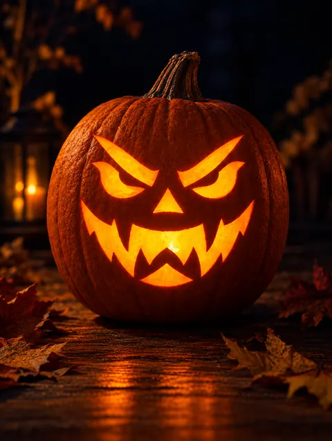 Angry Pumpkin Face design carved into a pumpkin and lit with a candle