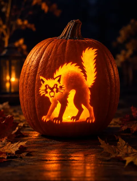 Arched Back Cat design carved into a pumpkin and lit with a candle