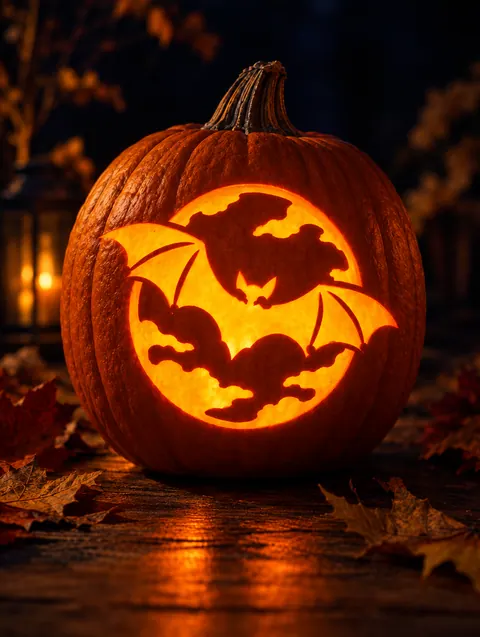 Bat and Full Moon design carved into a pumpkin and lit with a candle