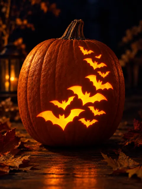 Bat Swarm design carved into a pumpkin and lit with a candle