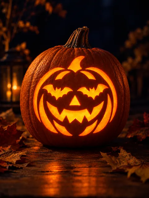 Bat Wing Face design carved into a pumpkin and lit with a candle