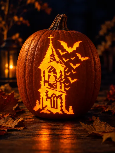 Bats from a Tower design carved into a pumpkin and lit with a candle
