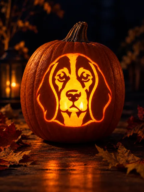 Beagle design carved into a pumpkin and lit with a candle
