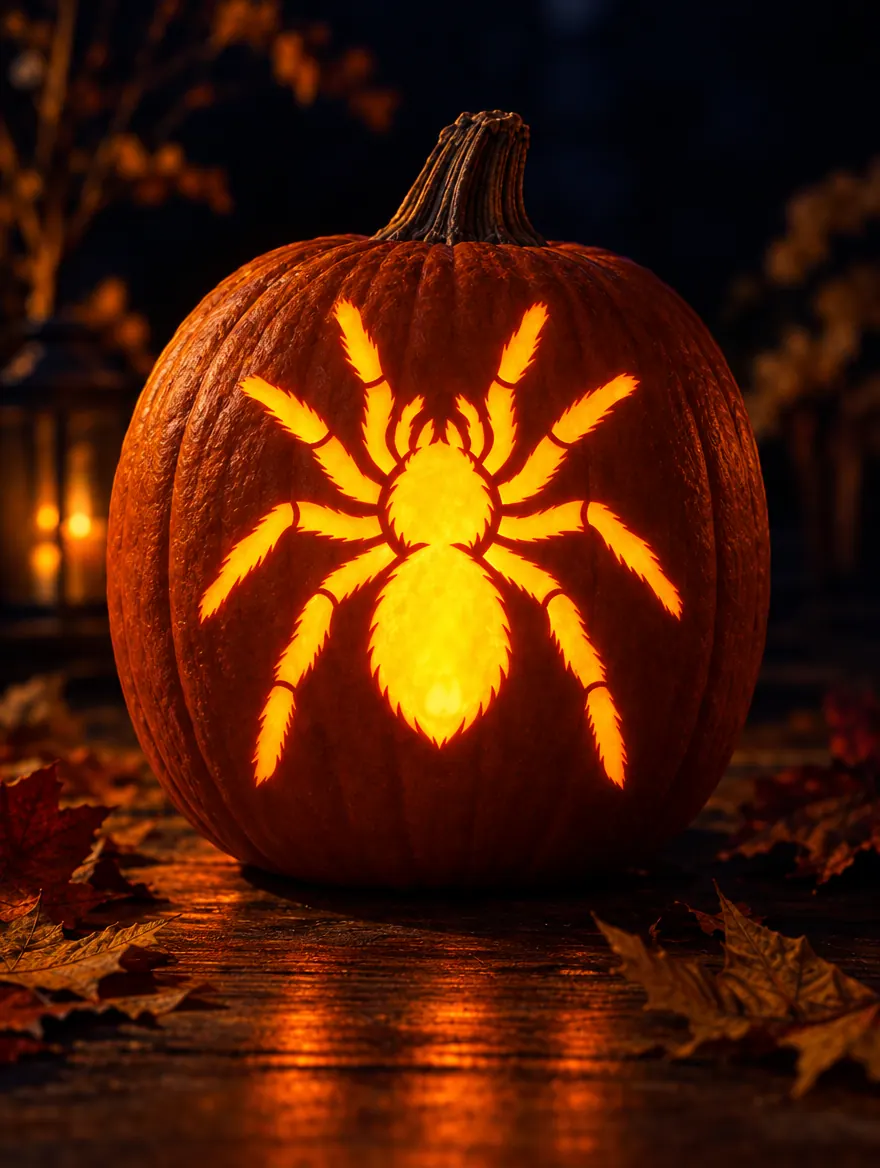 Big Spider design carved into a pumpkin and glowing with candlelight