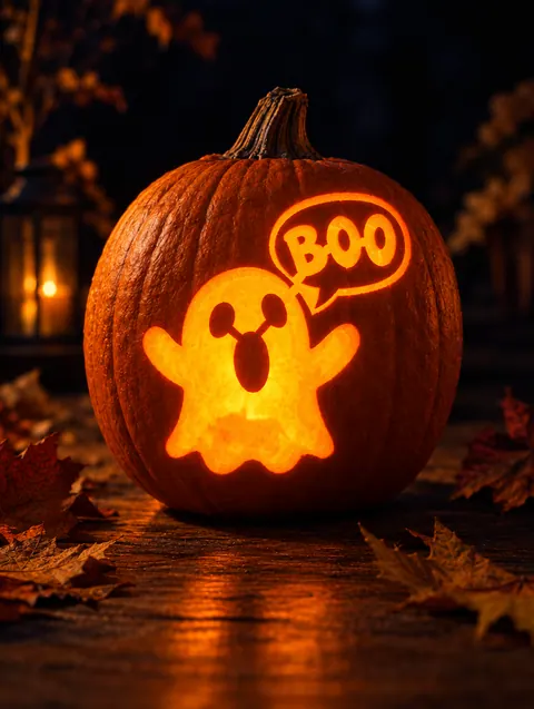 Boo Ghost design carved into a pumpkin and lit with a candle