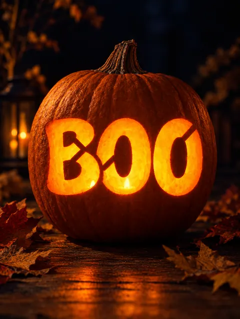 Boo design carved into a pumpkin and lit with a candle