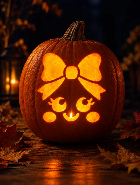 Pumpkin with Bow design carved into a pumpkin and lit with a candle