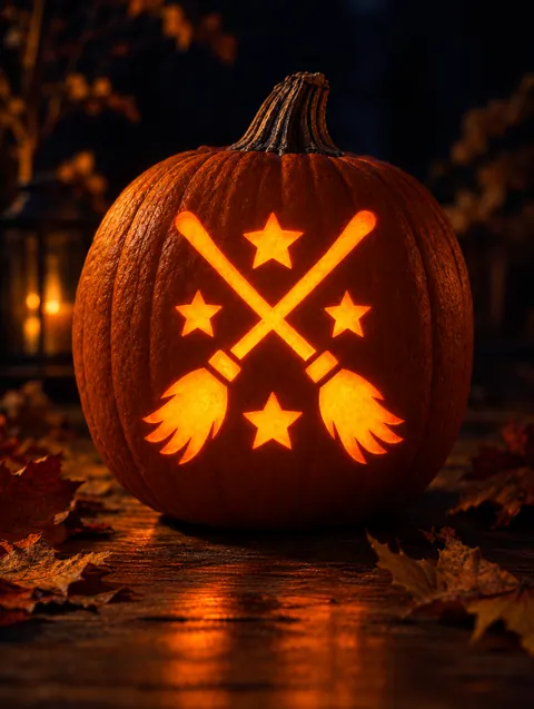 Broomstick design carved into a pumpkin and lit with a candle