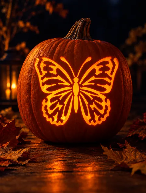 Butterfly design carved into a pumpkin and lit with a candle