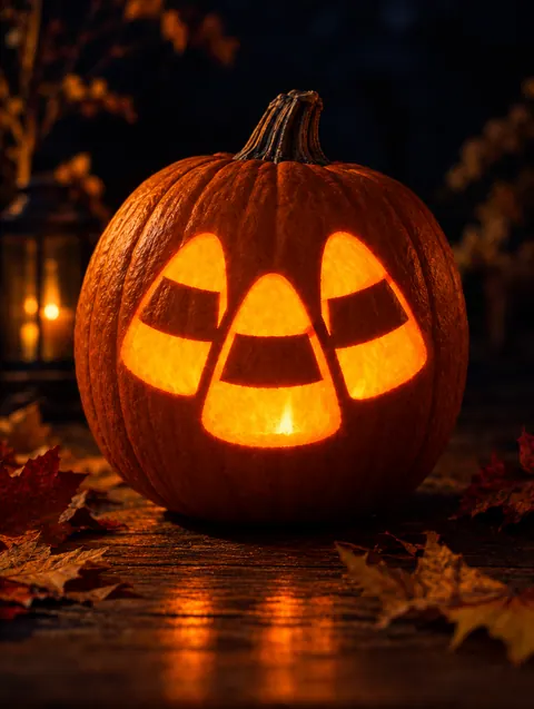 Candy corn carved pumpkin