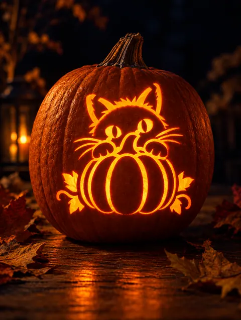 Cat with Pumpkin design carved into a pumpkin and lit with a candle