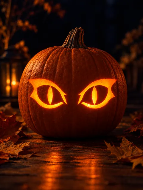 Glowing Cat Eyes design carved into a pumpkin and lit with a candle