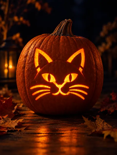 Cat Face design carved into a pumpkin and lit with a candle
