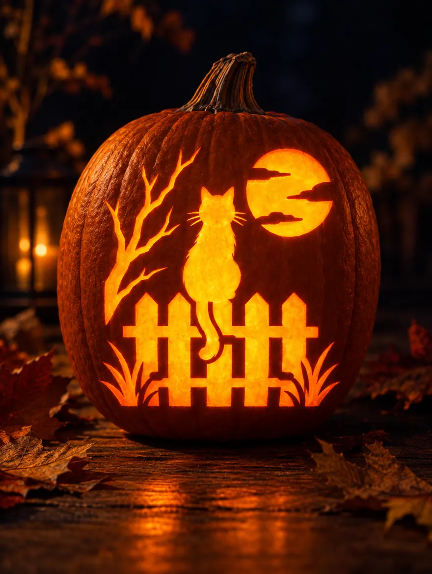 Cat on a Fence design carved into a pumpkin and glowing with candlelight