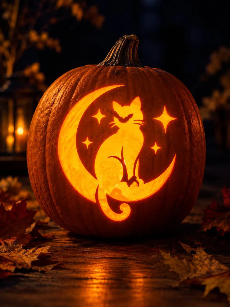 Cat on the Moon design carved into a pumpkin and glowing with candlelight