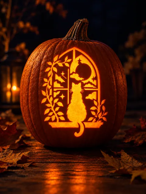 Cat in the Window design carved into a pumpkin and lit with a candle