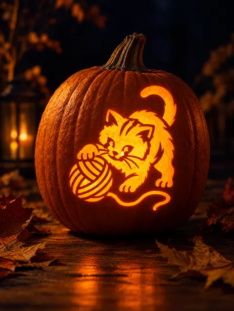 Cat with Yarn design carved into a pumpkin and lit with a candle