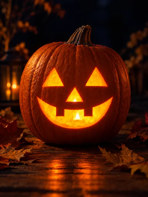 Classic Jack-o-Lantern Face design carved into a pumpkin and lit with a candle
