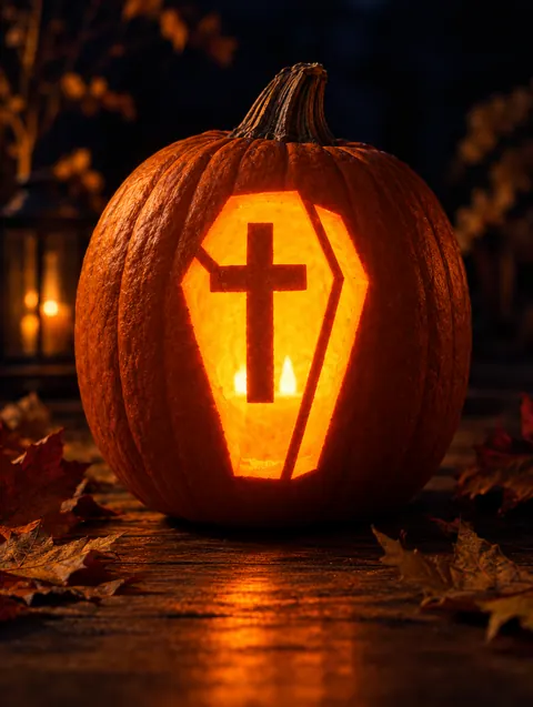 Coffin design carved into a pumpkin and lit with a candle