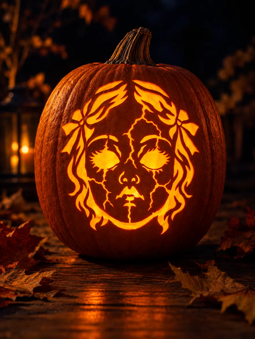 Creepy Doll Face design carved into a pumpkin and glowing with candlelight