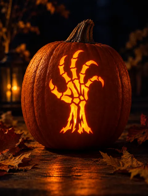 Creepy Hand design carved into a pumpkin and lit with a candle