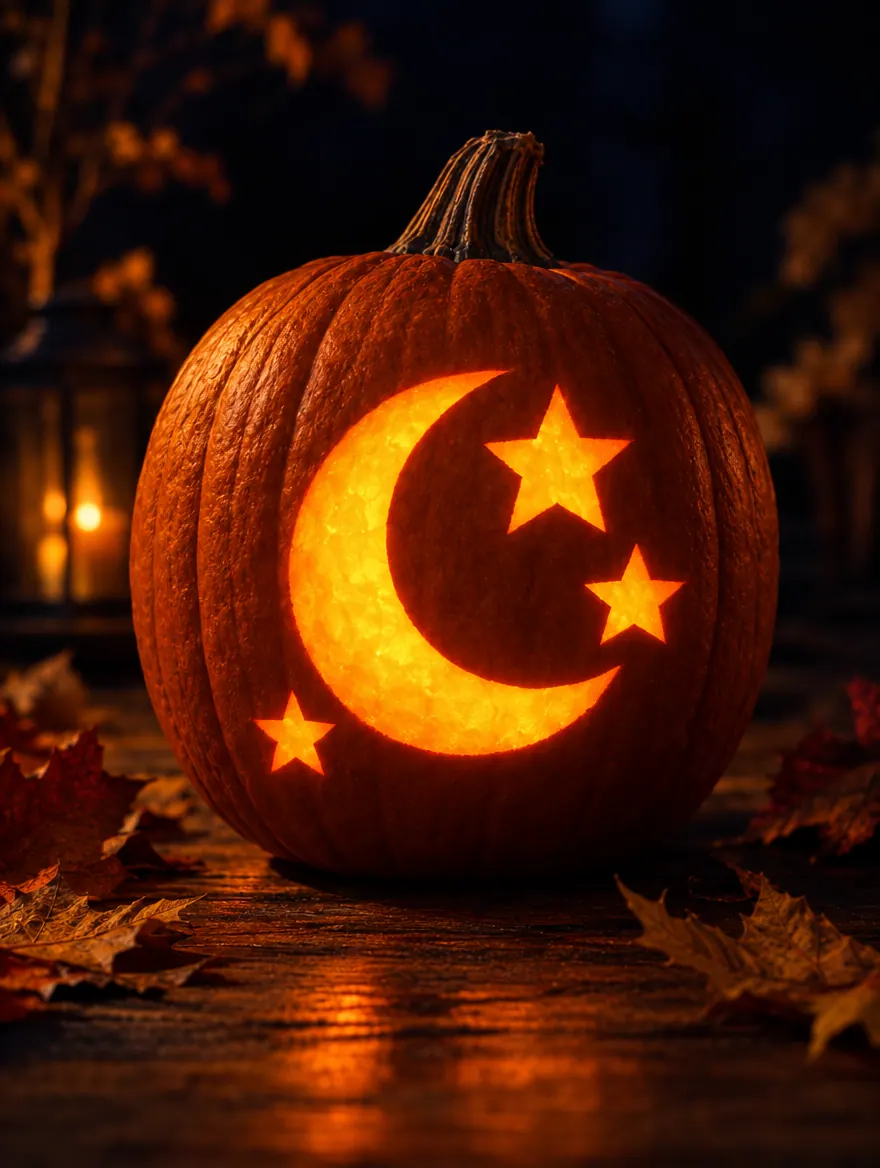 A crescent moon and stars carved into a glowing pumpkin