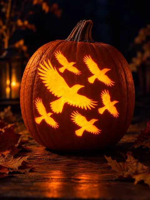Crows in Flight design carved into a pumpkin and lit with a candle