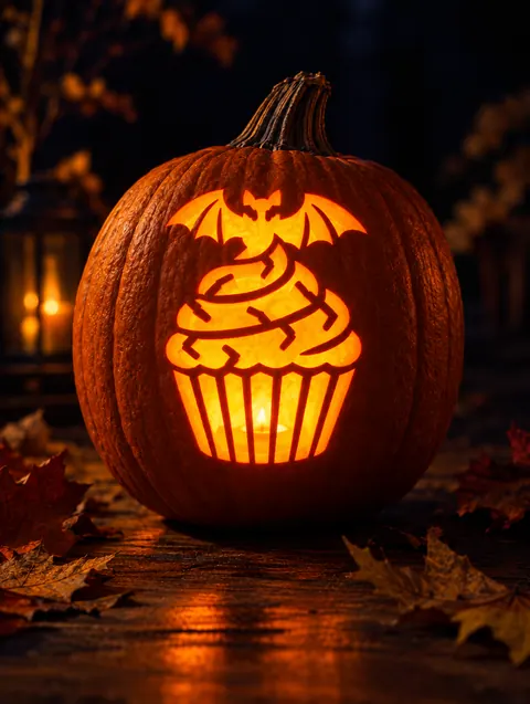 Spooky Cupcake design carved into a pumpkin and lit with a candle