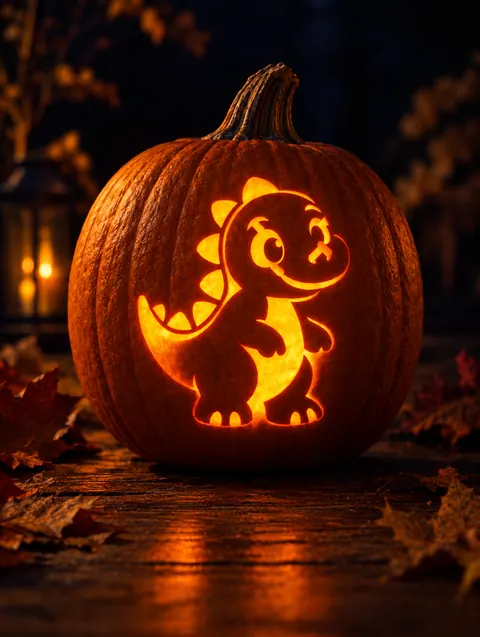 Cute Dinosaur design carved into a pumpkin and lit with a candle