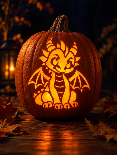 Cute Dragon design carved into a pumpkin and lit with a candle
