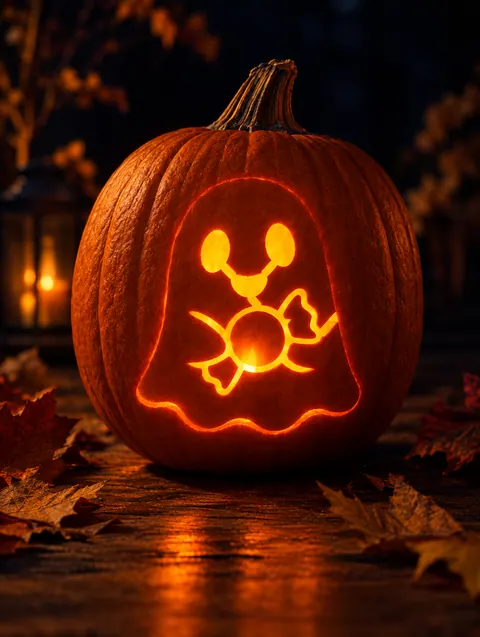 Cute Ghost design carved into a pumpkin and lit with a candle