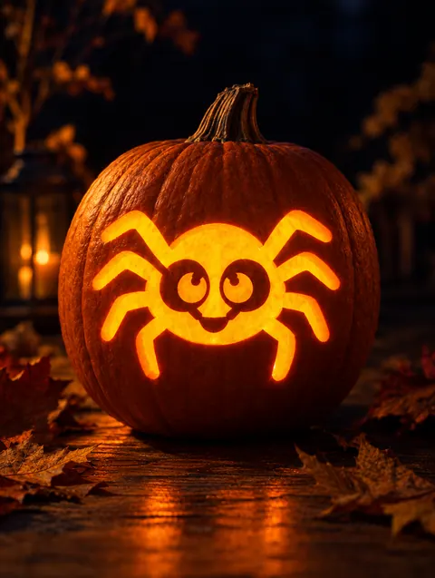 Cute Spider design carved into a pumpkin and lit with a candle