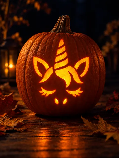 Cute Unicorn design carved into a pumpkin and lit with a candle