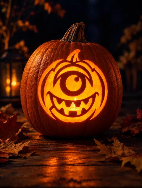Cyclops Pumpkin Face design carved into a pumpkin and lit with a candle