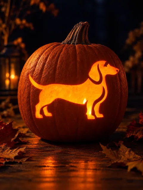 Dachshund design carved into a pumpkin and lit with a candle