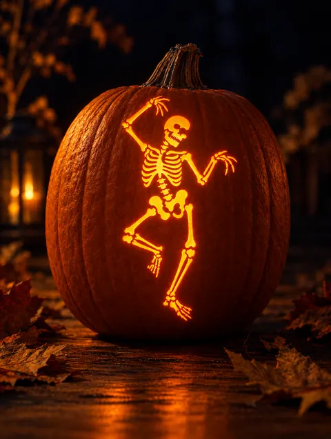 Dancing Skeleton design carved into a pumpkin and lit with a candle