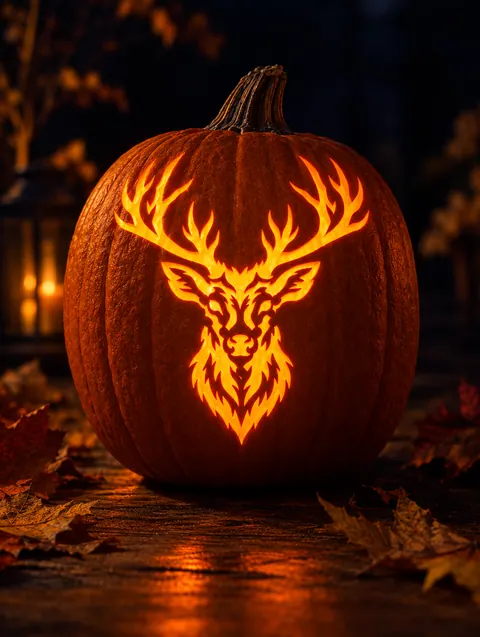 Deer Head design carved into a pumpkin and lit with a candle