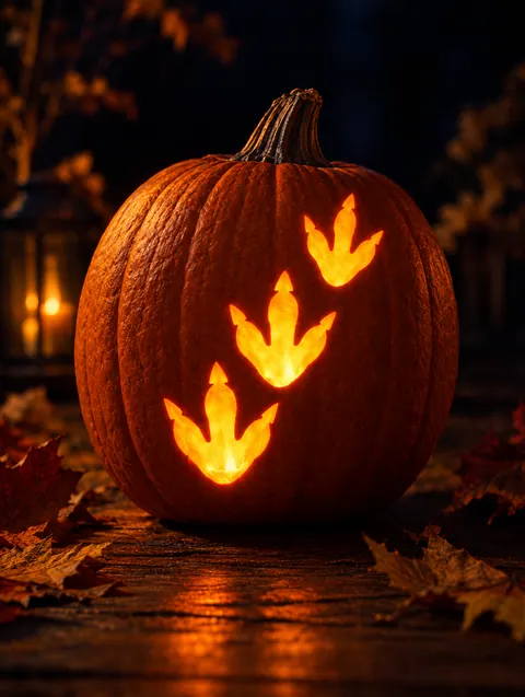 Dinosaur Footprints design carved into a pumpkin and lit with a candle