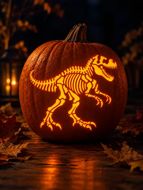 Dinosaur Skeleton design carved into a pumpkin and lit with a candle
