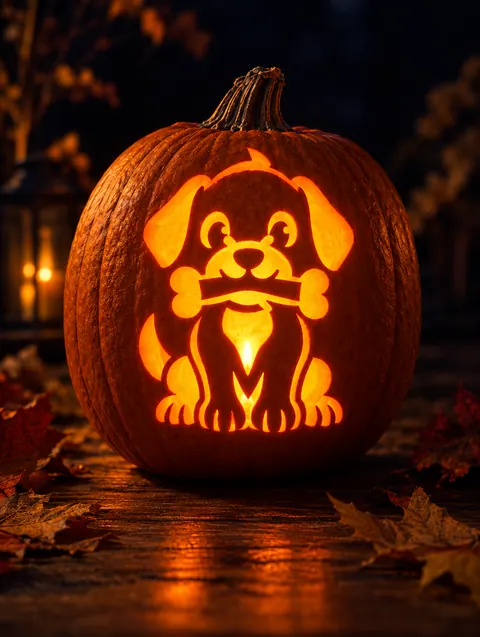 Dog with Bone design carved into a pumpkin and lit with a candle