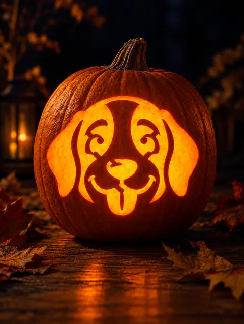 Dog Face design carved into a pumpkin and lit with a candle