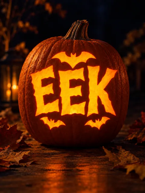 Eek design carved into a pumpkin and lit with a candle