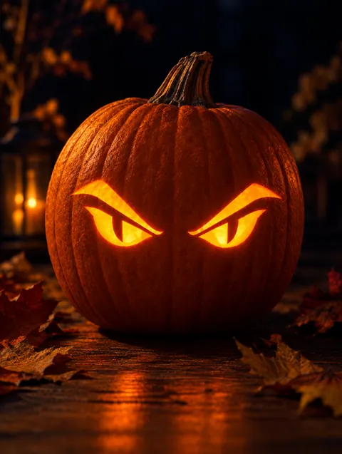 Evil Eyes design carved into a pumpkin and lit with a candle