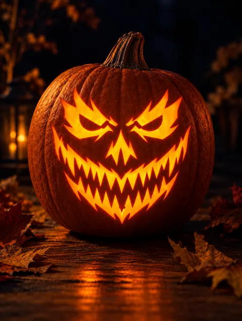 Evil Grin Face design carved into a pumpkin and lit with a candle