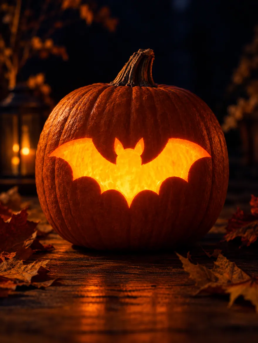 Flying Bat design carved into a pumpkin and glowing with candlelight