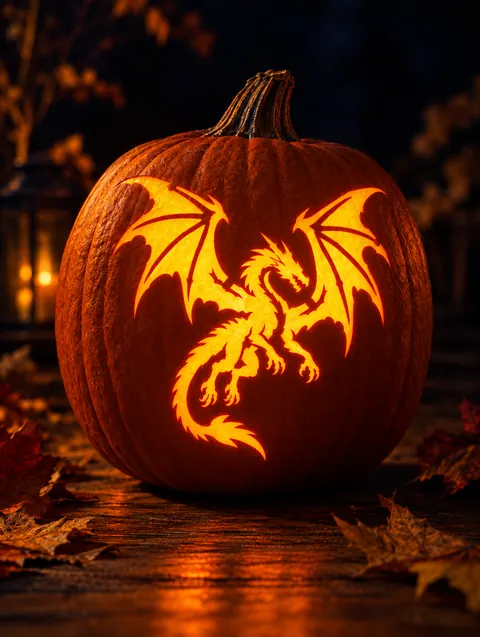 Flying Dragon design carved into a pumpkin and lit with a candle