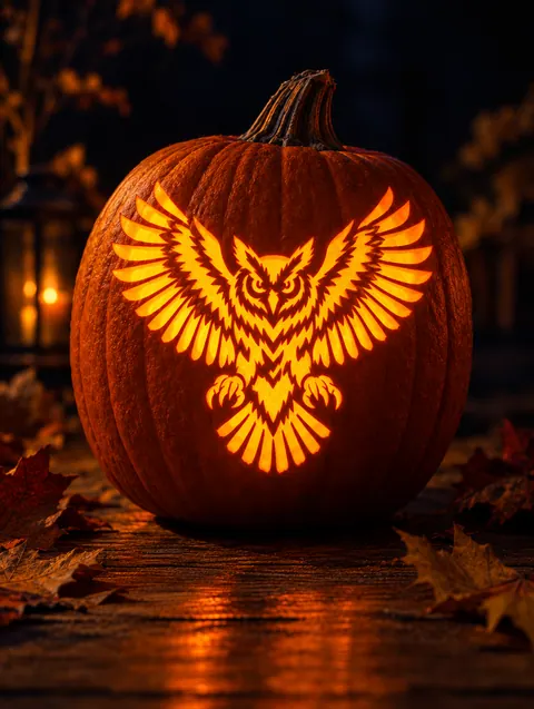 Flying Owl design carved into a pumpkin and lit with a candle
